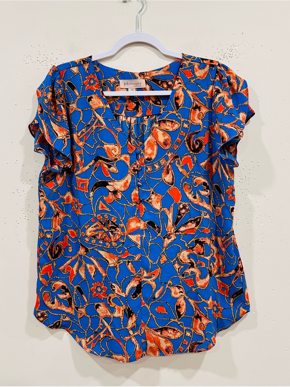 Philosophy Republic Clothing Women's Blouse Size L Blue Orange Abstract Top